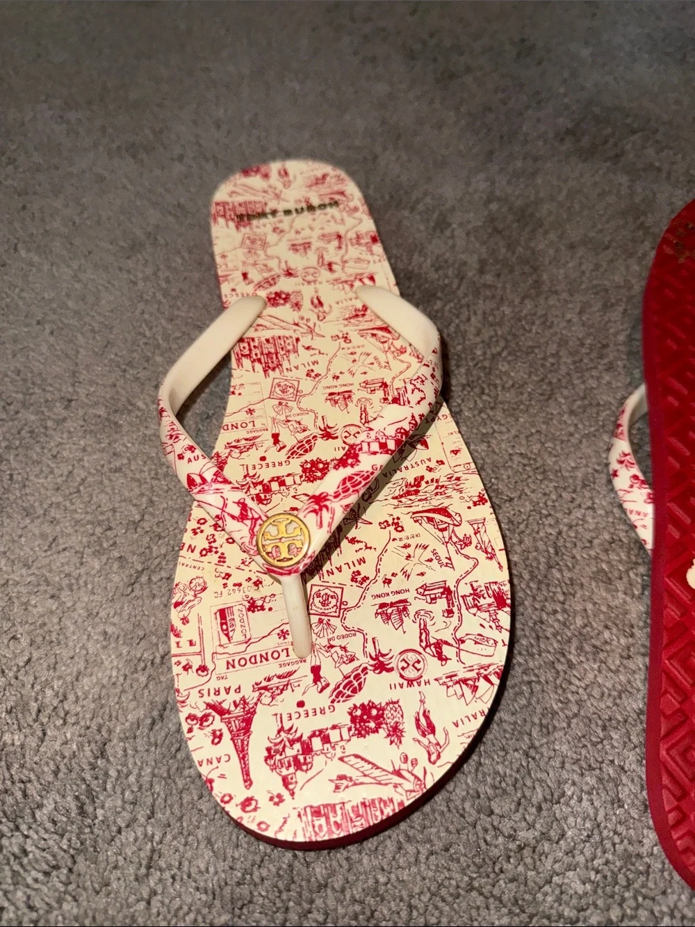 Tory Burch Cream & Red Printed Logo Flip Flops